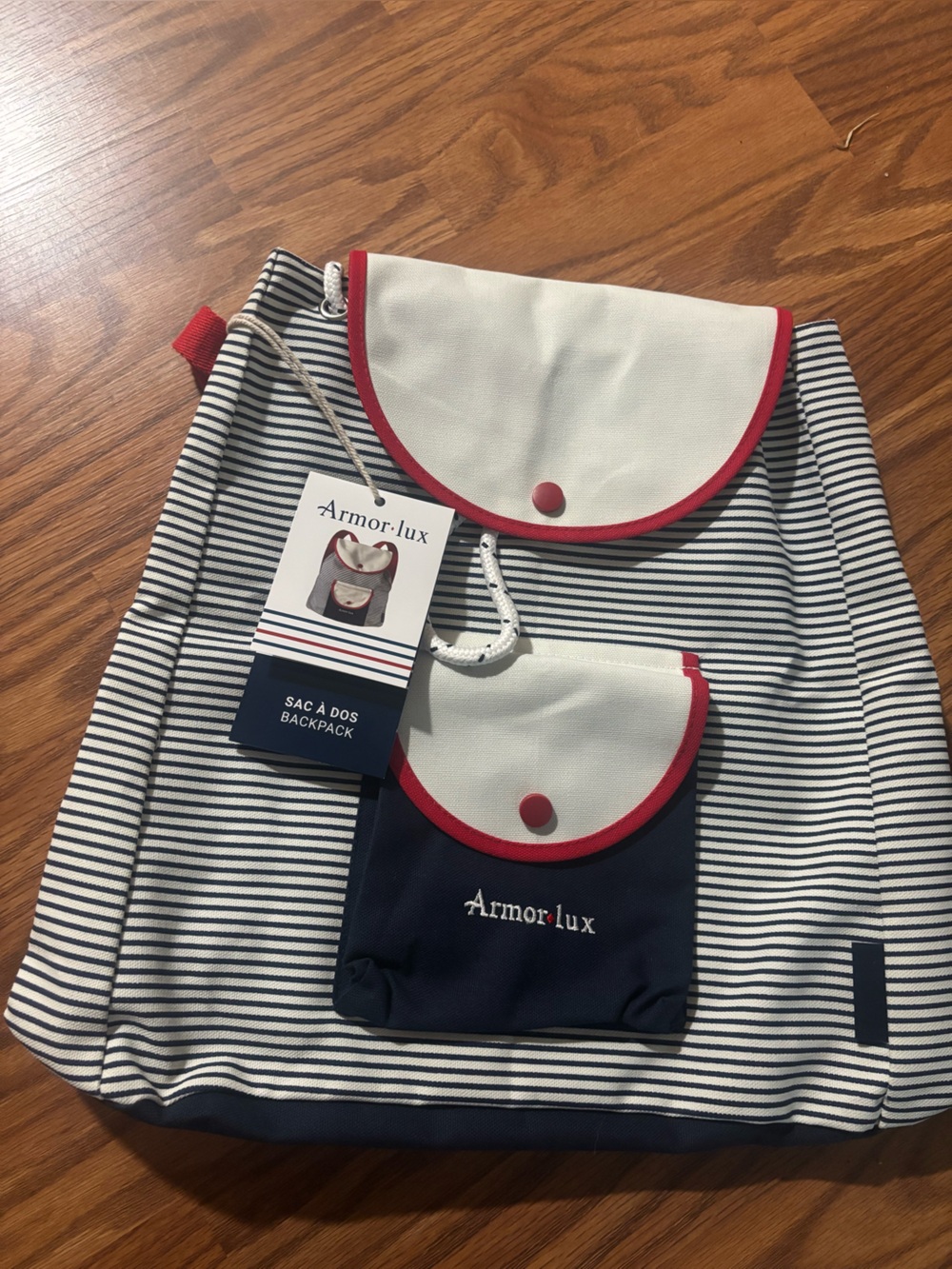 BNWT Armor Lux Backpack in Navy Stripe and White with Red Trim